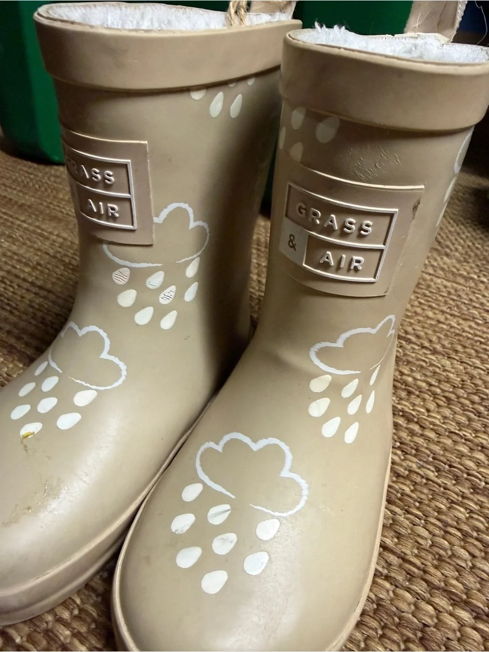 Kids Beige Rain Boots with Cloud Print and Fleece Lining